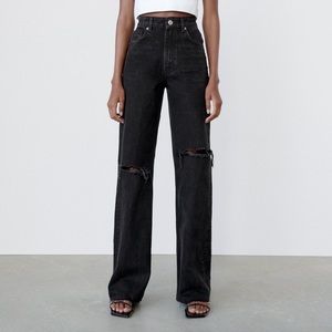 ZARA wide leg jeans black distressed